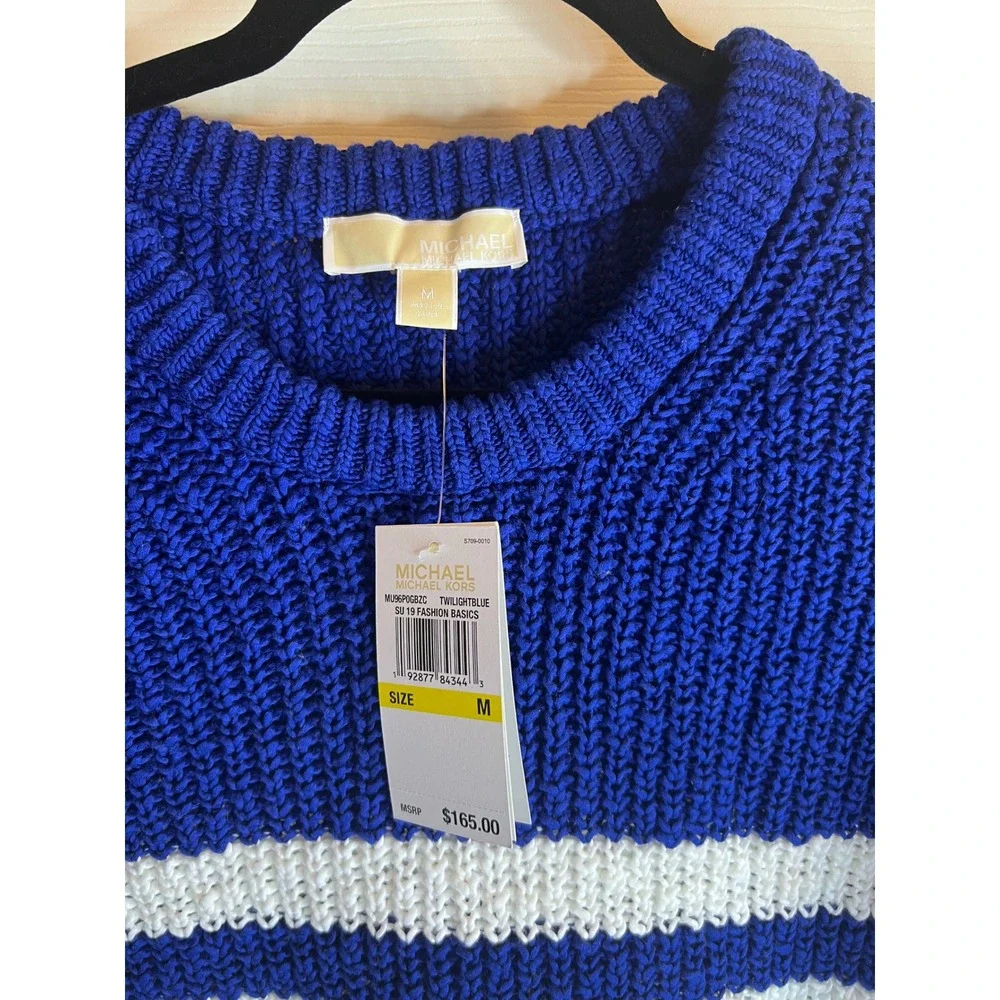 Michael Kors Blue White Striped Knit Crew Neck Sweater Size M‎ NWT